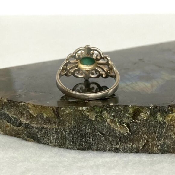 Sterling Silver 925 Cutout Scrollwork Oval Simulated Turquoise Ring Sz 7.25 - Picture 6 of 16
